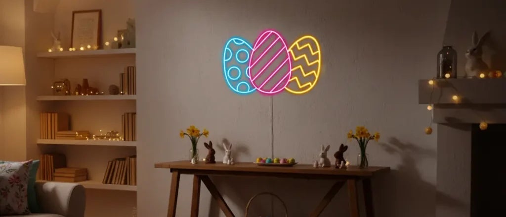 Easter neon sign with colorful eggs glowing on a wall above a decorated table with bunny decor