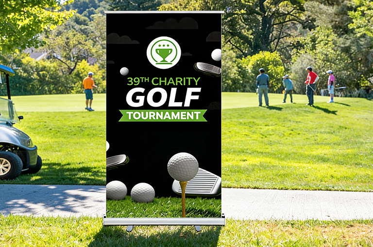 Retractable banner stand showcasing a printed advertisement with a roll-up mechanism.