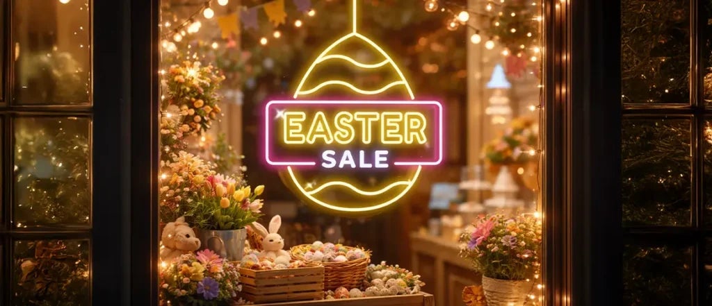 Easter sale neon sign displayed in a storefront window with festive decorations and flowers