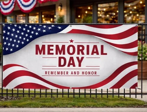 Custom Memorial Day banner with patriotic American flag graphics for outdoor display