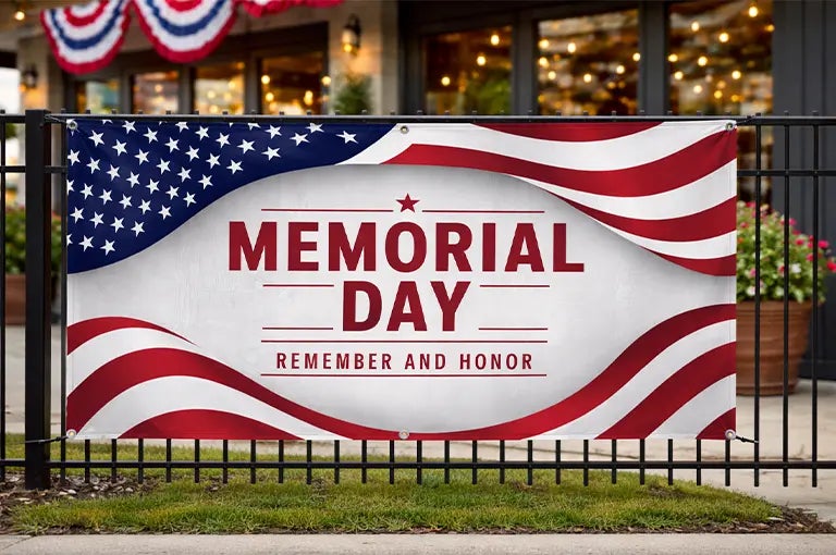Custom Memorial Day banner with patriotic American flag graphics for outdoor display