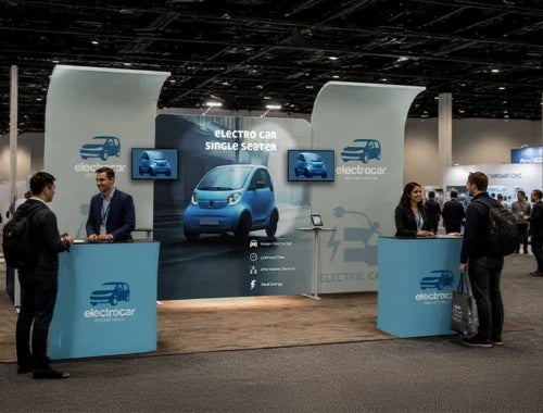 Modern expo display setup featuring electric vehicle branding and exhibition booth marketing design