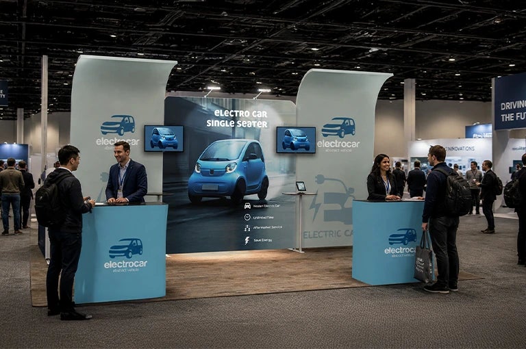 Modern expo display setup featuring electric vehicle branding and exhibition booth marketing design