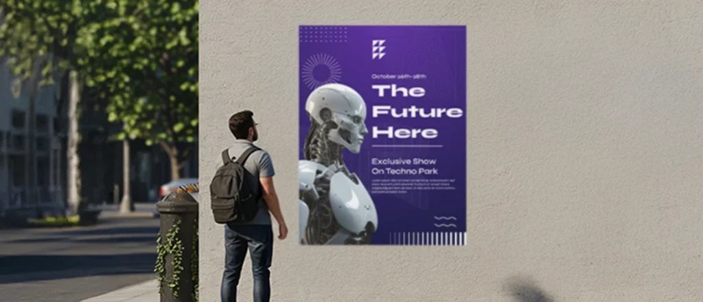 Man viewing an outdoor poster on a wall showing the real size and visibility of the printed poster design