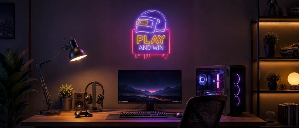 Play and Win gaming neon sign above a modern gaming setup