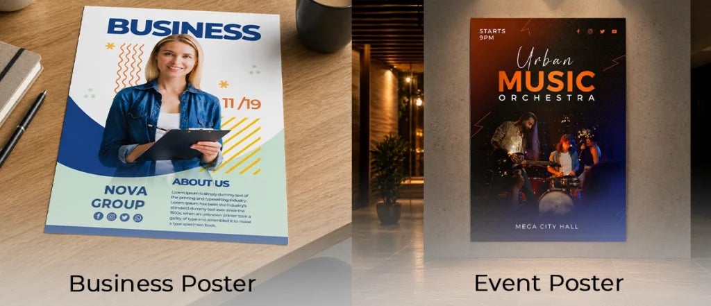 Business poster and event poster examples showing different poster designs for marketing and promotions