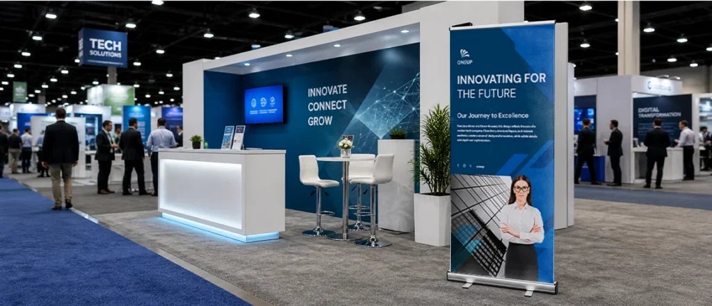 Retractable banner stand at a professional trade show exhibition booth