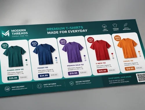 T-shirt printing advertisement banner featuring custom apparel styles, discounts, and product pricing