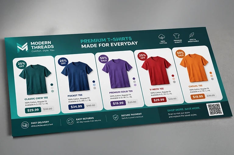 T-shirt printing advertisement banner featuring custom apparel styles, discounts, and product pricing