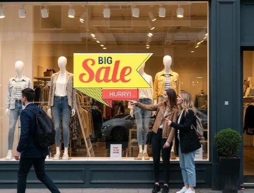 Retail storefront window with a big sale sign for a clothing store promotion and seasonal shopping discounts