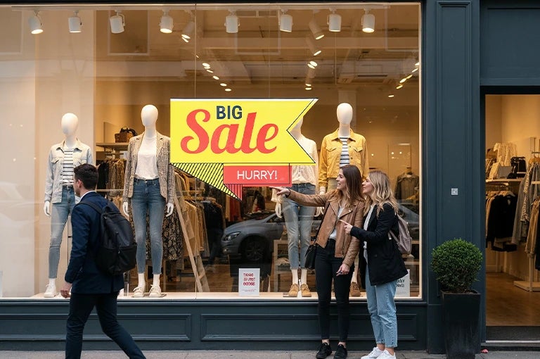 Retail storefront window with a big sale sign for a clothing store promotion and seasonal shopping discounts