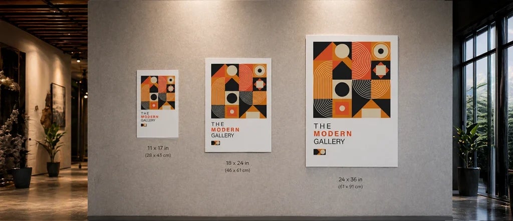 Poster size comparison chart showing 11x17, 18x24 and 24x36 inch modern gallery posters on the wall