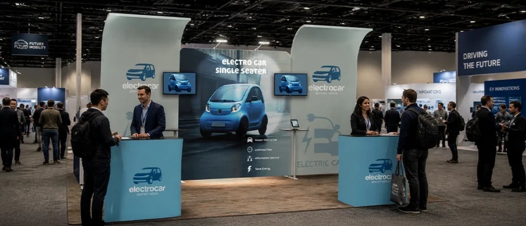 Trade show display booth with branded backdrop and promotional counters at an auto expo