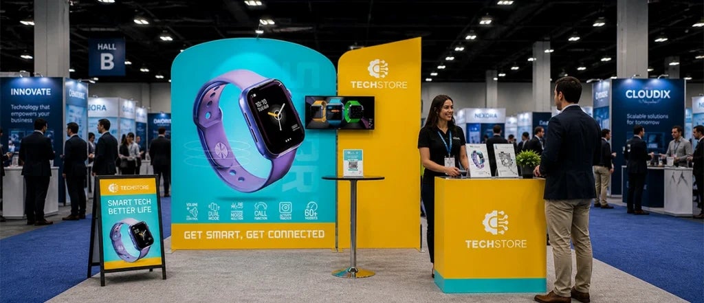 Tech trade show booth with custom signage and smartwatch promotional display