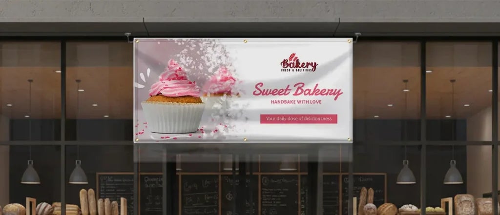 Custom bakery vinyl banner displayed outside storefront with cupcake graphics