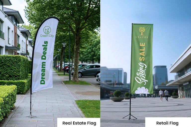 Outdoor advertising flags displaying real estate and retail marketing messages