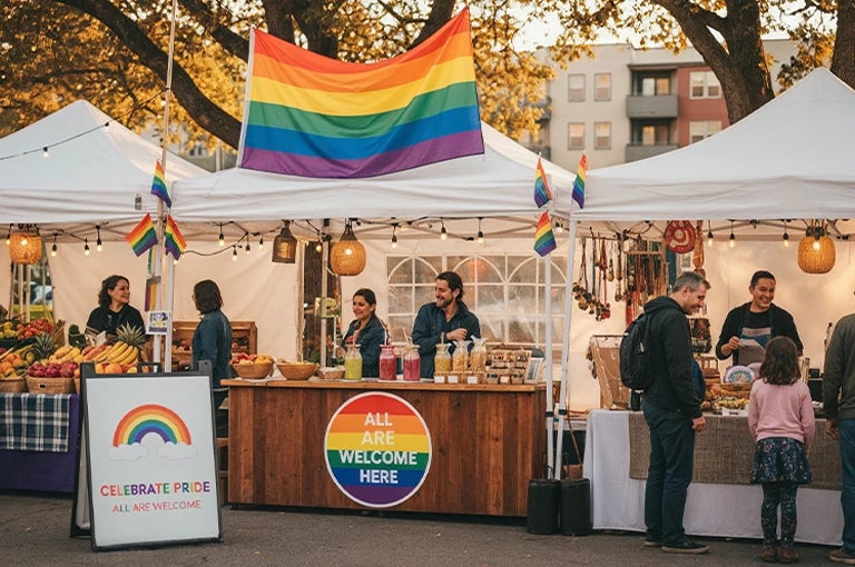 Community Pride Month event with inclusive signage and rainbow flags