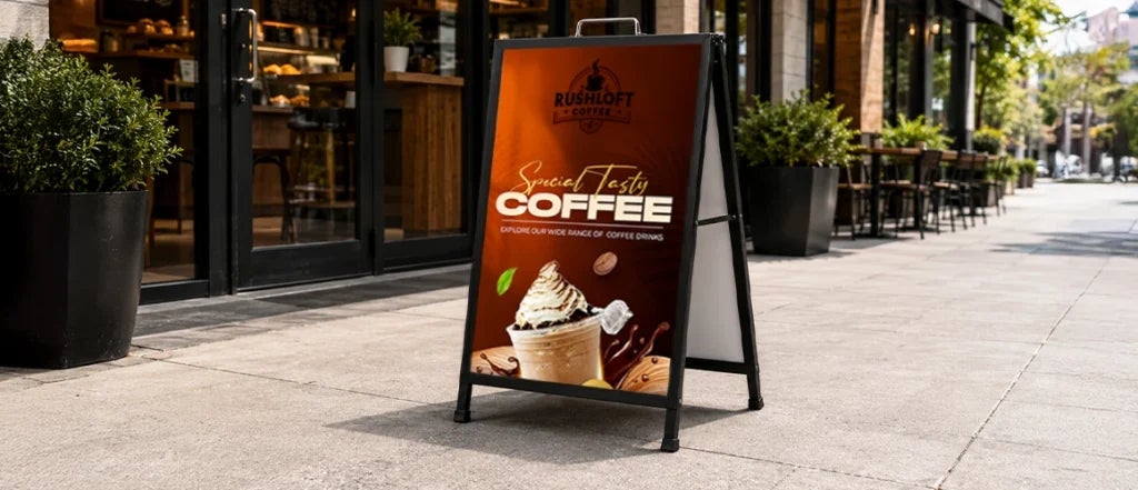 Metal A-frame sidewalk sign displaying a coffee shop promotion outside a storefront