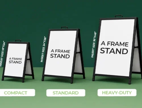 Comparison of common A-frame sign sizes from 18 x 24 to 36 x 48 inches