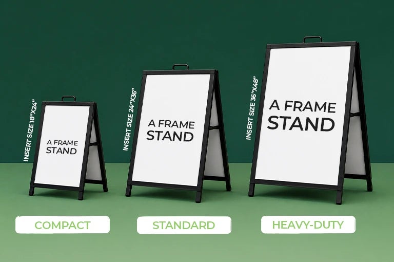 Comparison of common A-frame sign sizes from 18 x 24 to 36 x 48 inches
