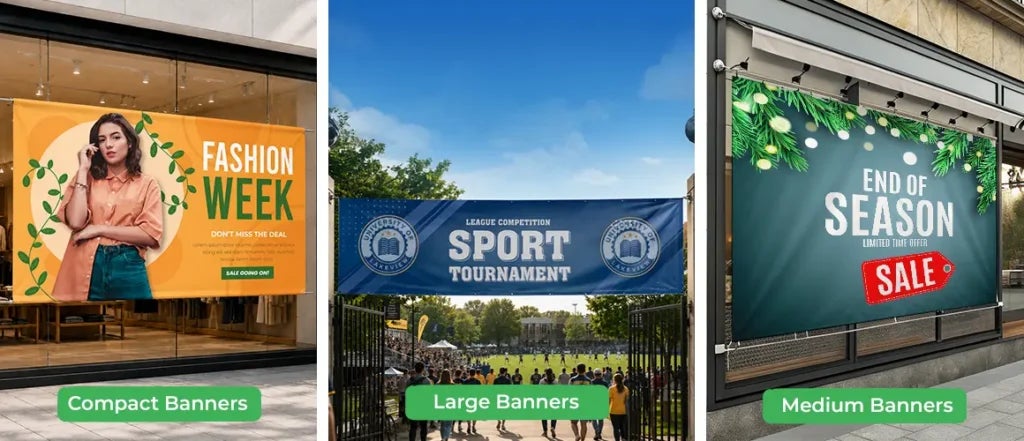 Vinyl banner size examples for retail displays, sports events, and outdoor advertising