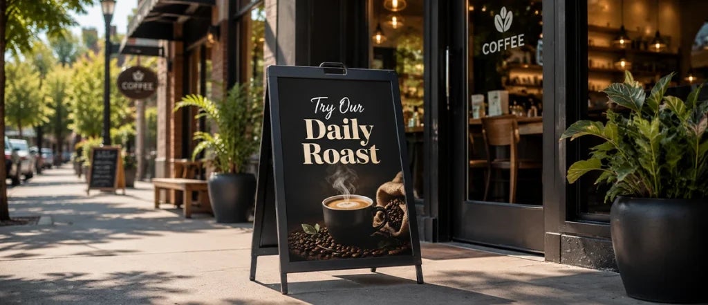A-frame sidewalk sign with a clear coffee promotion and daily roast call-to-action