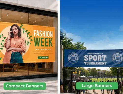 Vinyl banner sizes are shown as compact, medium, and large banners for different display settings