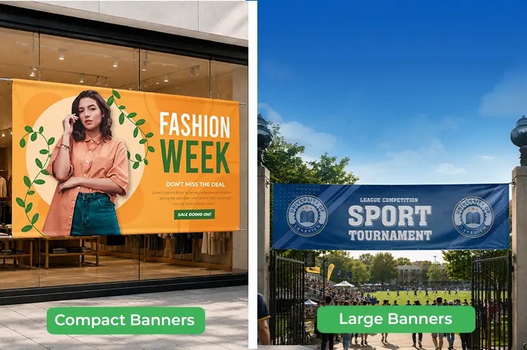 Vinyl banner sizes are shown as compact, medium, and large banners for different display settings