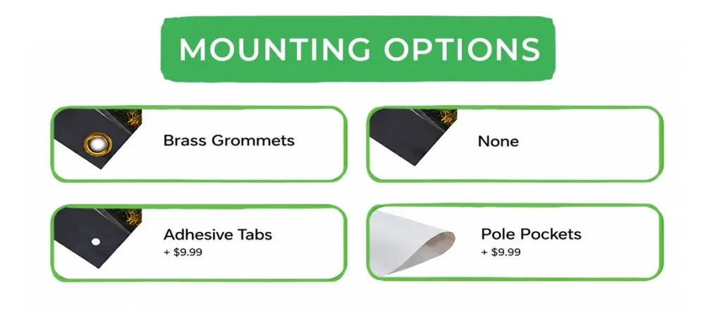 Vinyl banner mounting options with brass grommets, adhesive tabs, and pole pockets