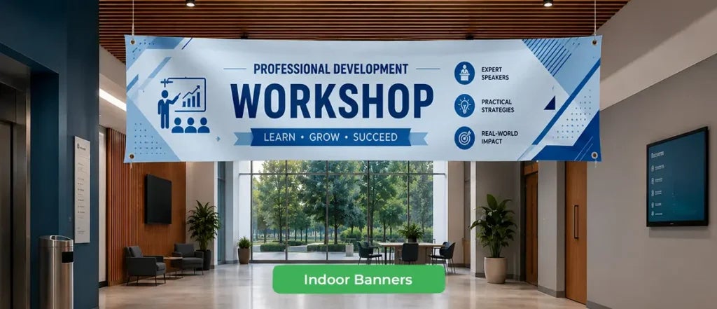 Custom vinyl banner hanging in an indoor workshop venue