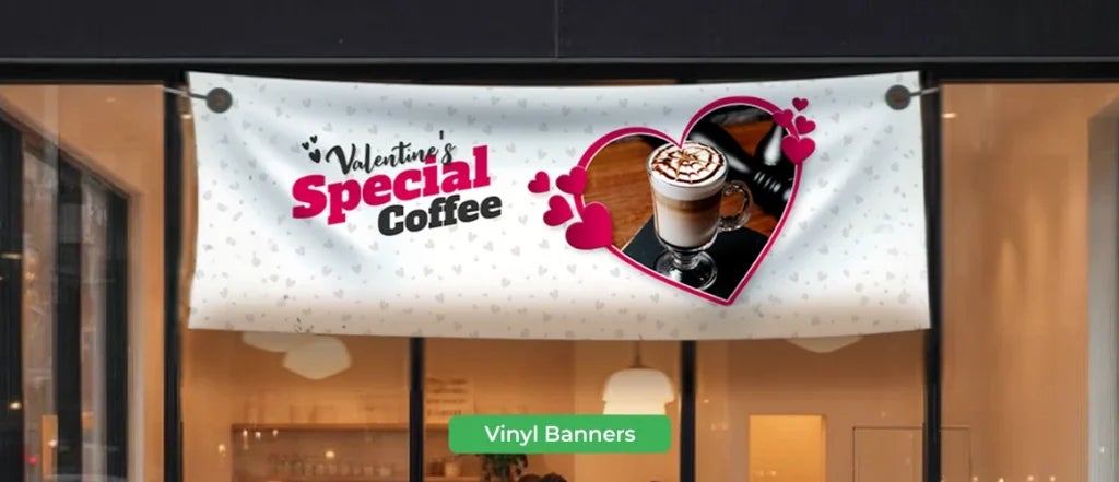 Vinyl banner displayed outside a coffee shop